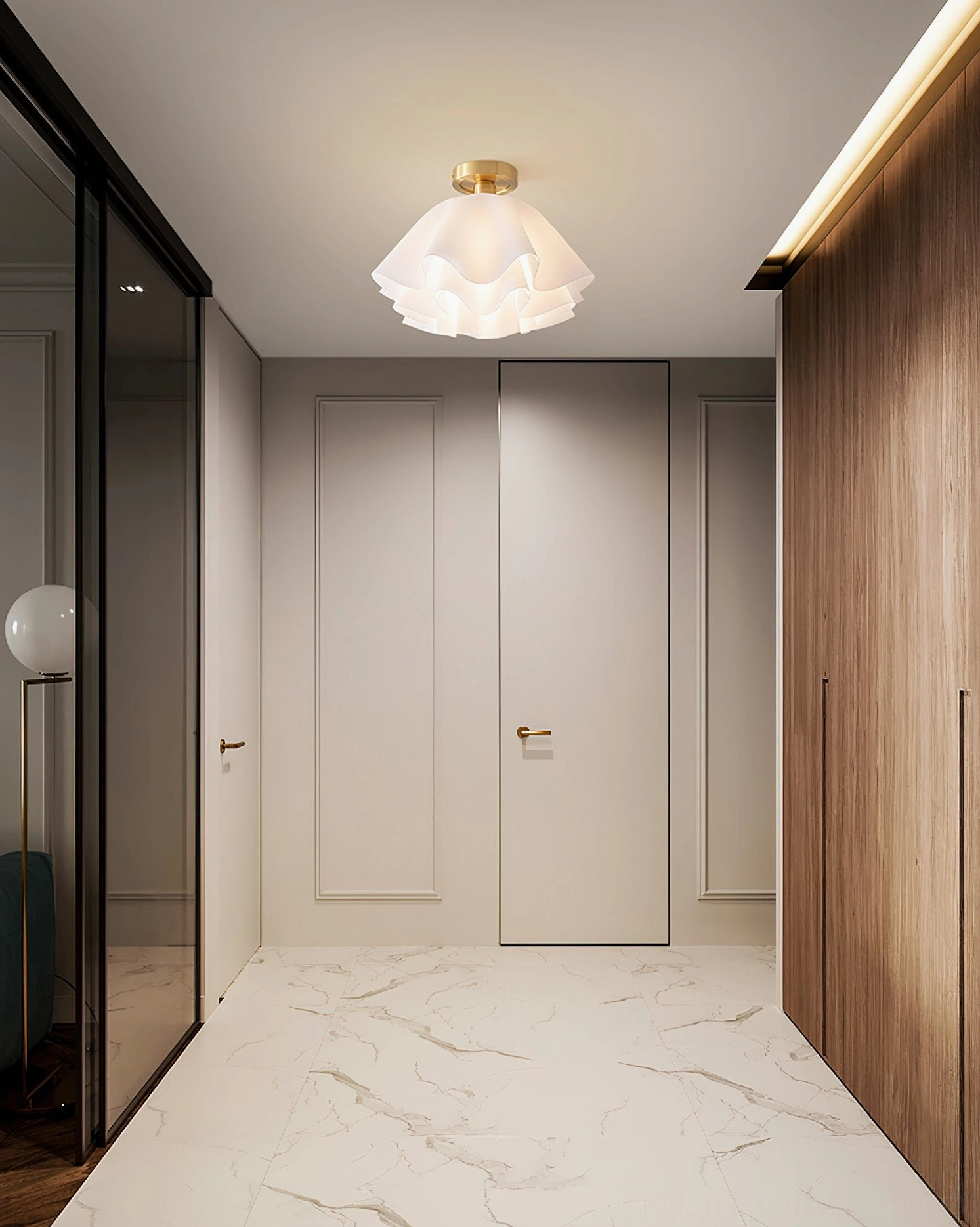 Gailon pleated ceiling fixture showing pleated acrylic shade illuminated demonstrating light diffusion and glow