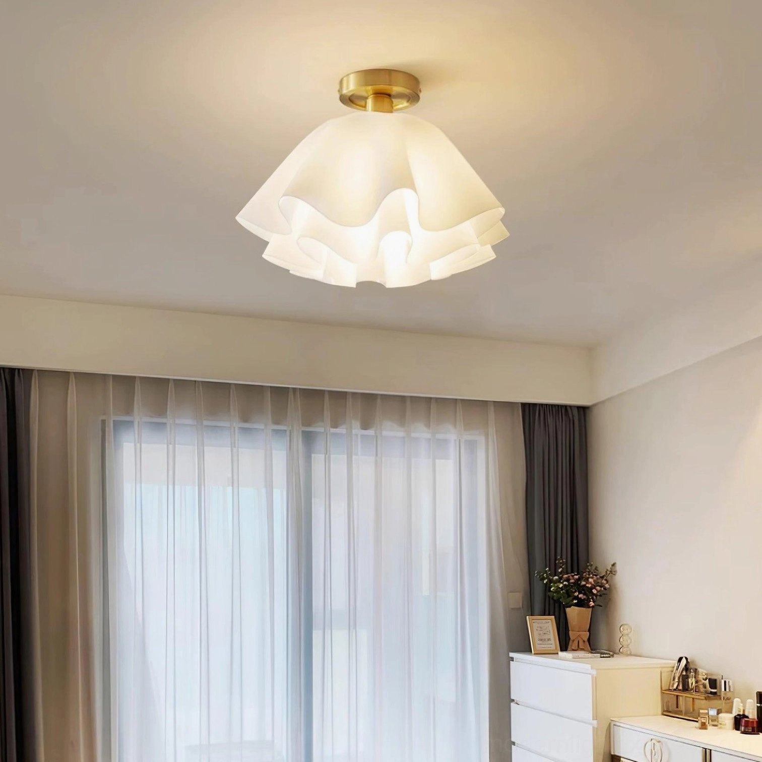 Gailon pleated ceiling light in home office space with warm neutral modern décor and natural lighting
