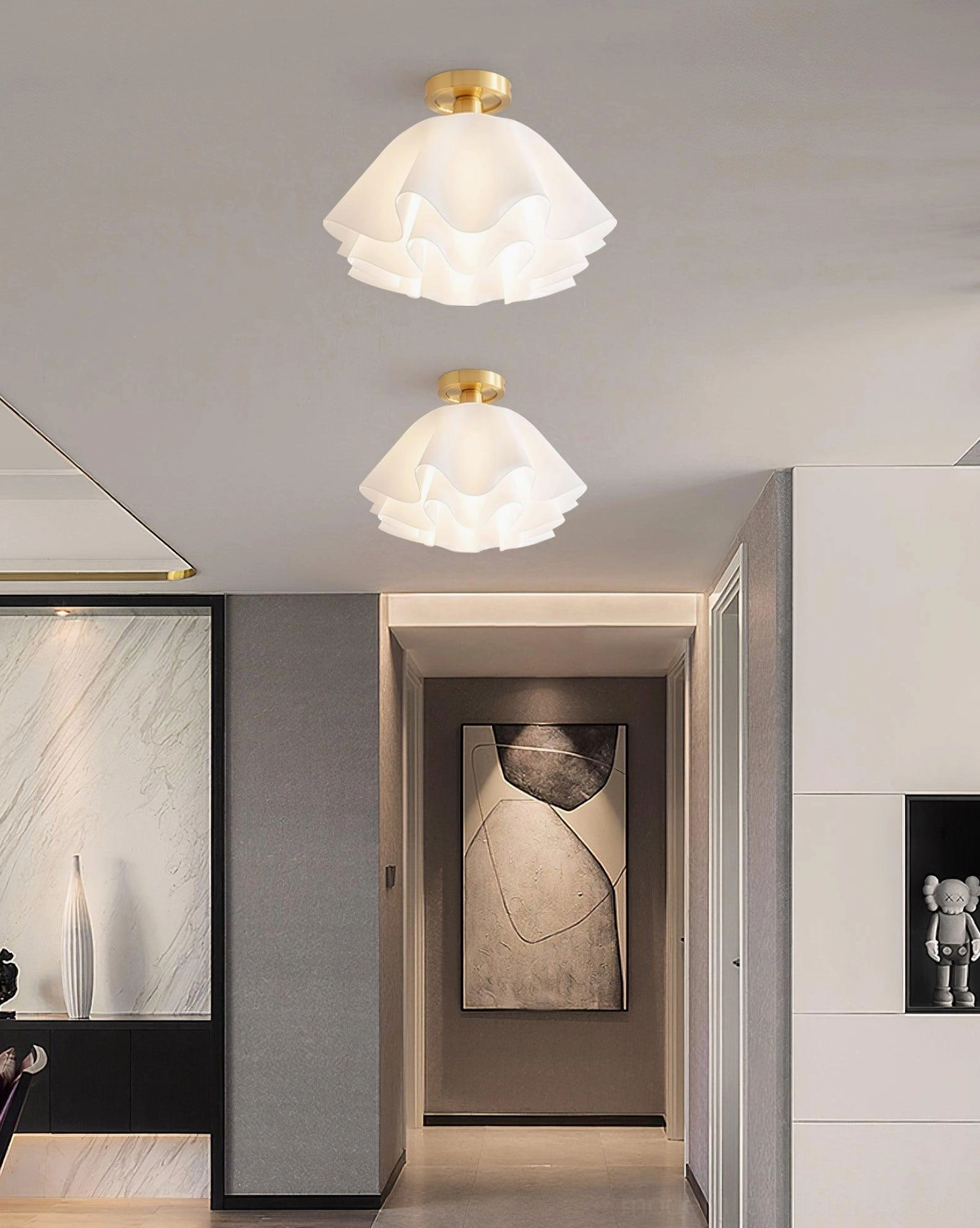 Dual Gailon pleated ceiling lights installed in minimalist modern residential hallway corridor