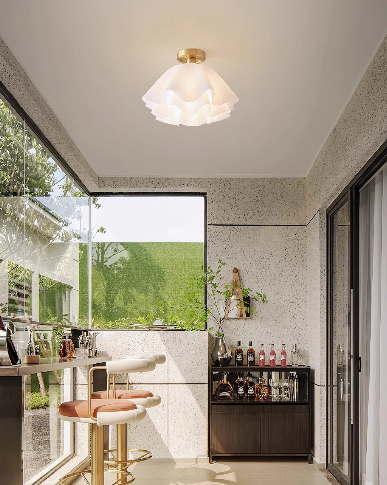Gailon pleated ceiling light fixture installed in contemporary living room ambient lighting application