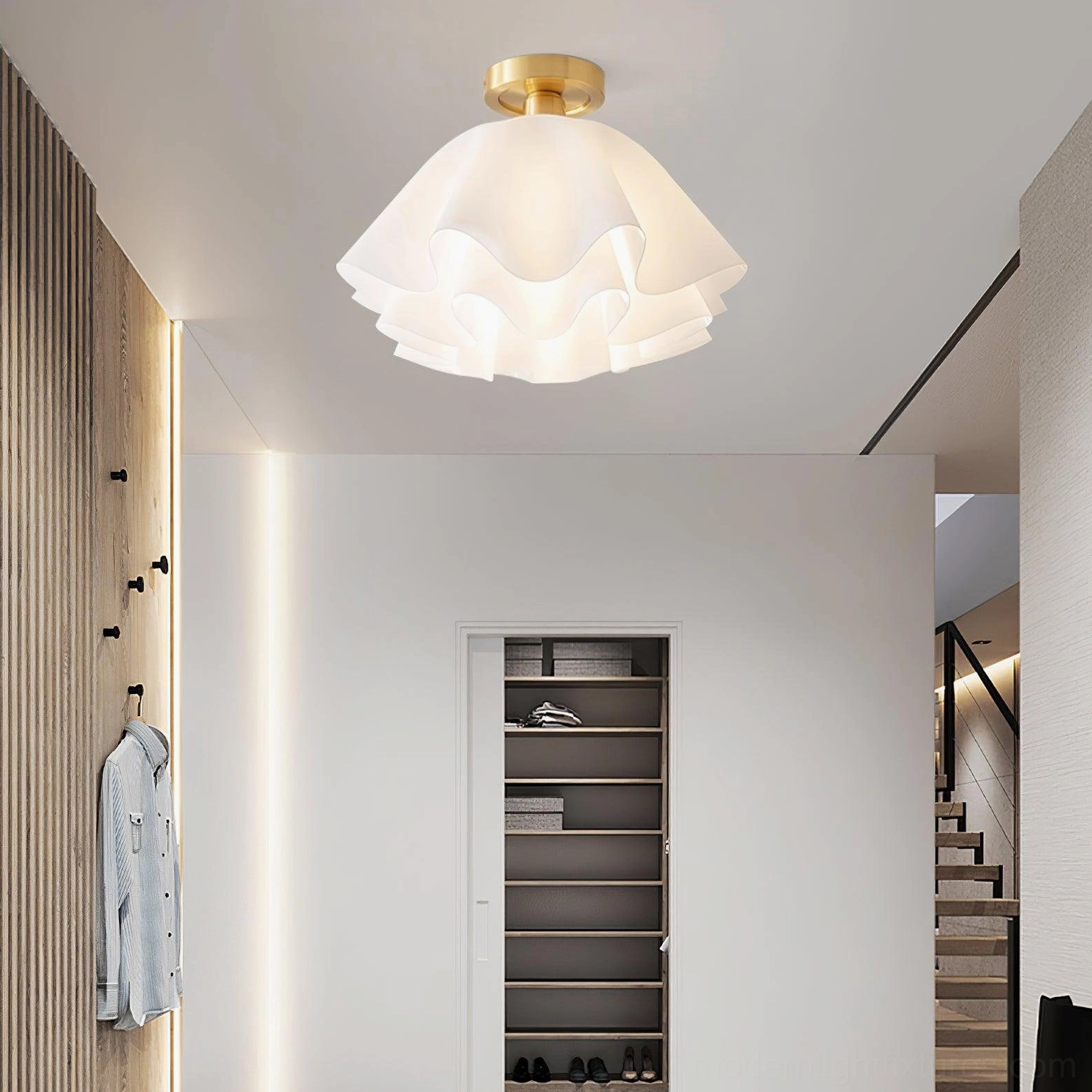 Gailon pleated ceiling light in residential stair landing warm neutral modern home interior