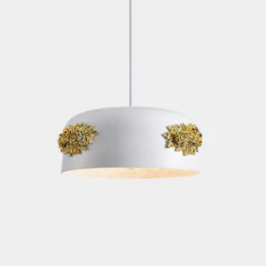 Gaina floral pendant light with white matte shade and gold embossed flowers, studio front view