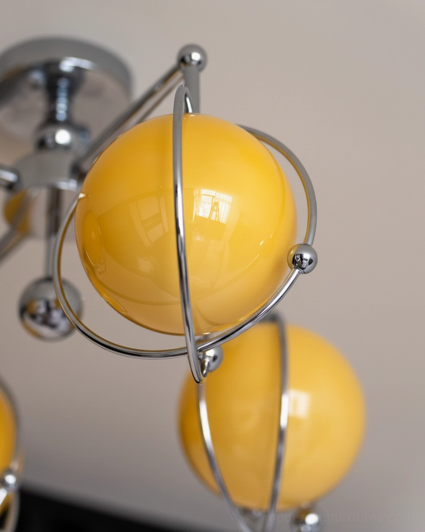 Galaxy Spin ceiling lamp overview showing complete fixture design with all four glass orbs and metal framework