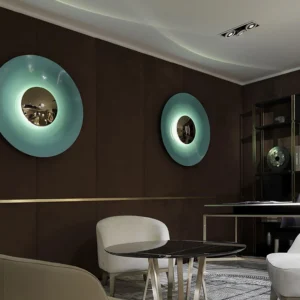 Galileo minimalist disc wall lamps luxury lounge dark wood panel accent lighting