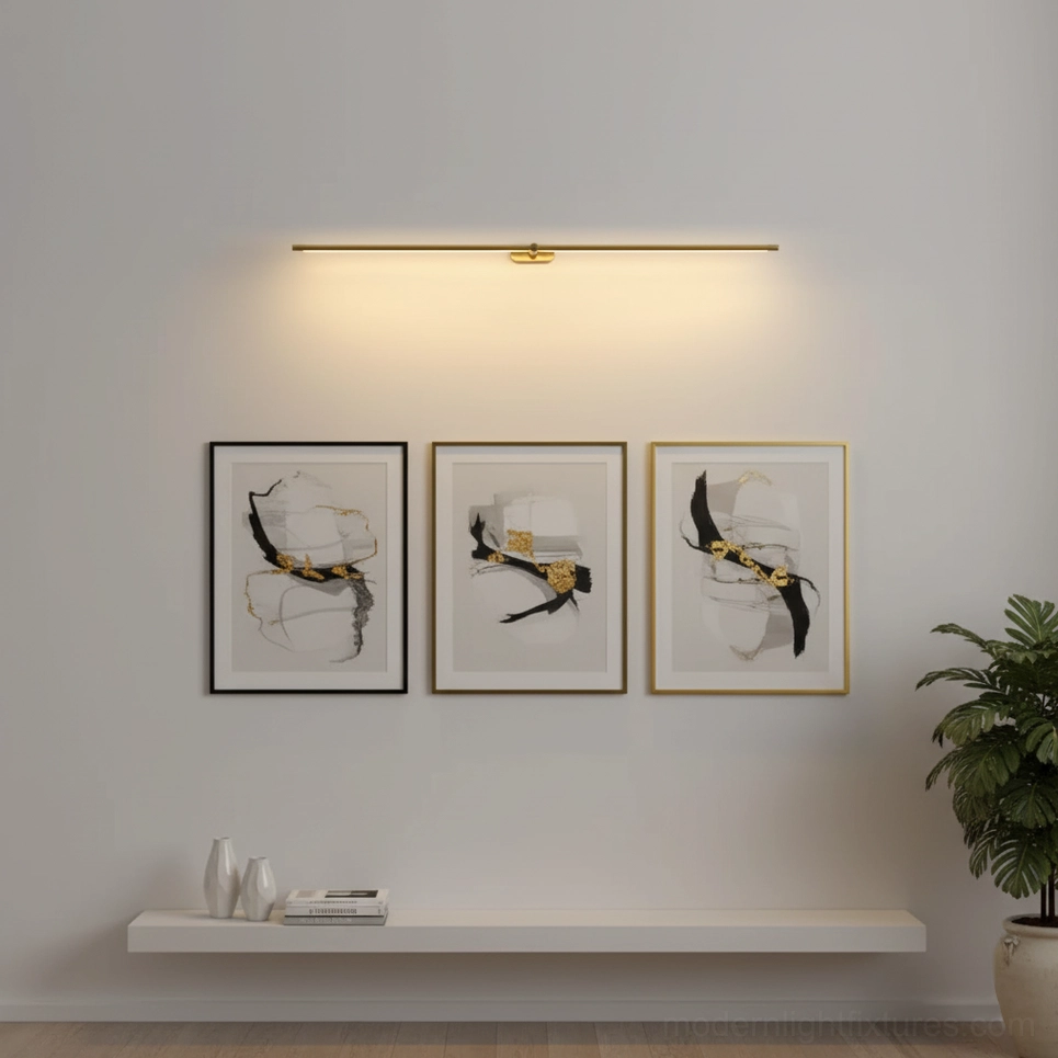 Minimalist modern wall lamp gallery wall installation showcasing even light distribution across artwork