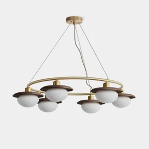 Gama 6-light circular ring pendant chandelier with brass frame, walnut wood accents, and frosted glass shades - studio product photograph