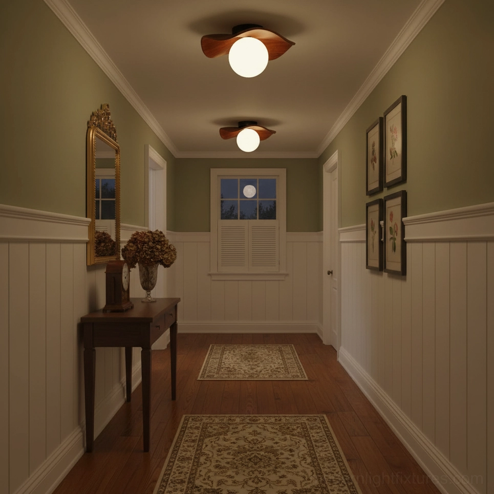 Gand modern ceiling light dark variant installed in vintage style hallway with green wainscoting