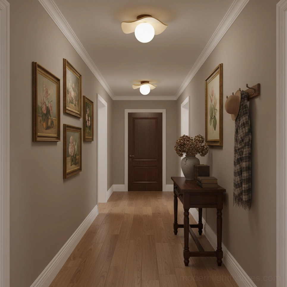 Gand flush mount ceiling light installation in long residential hallway with framed artwork