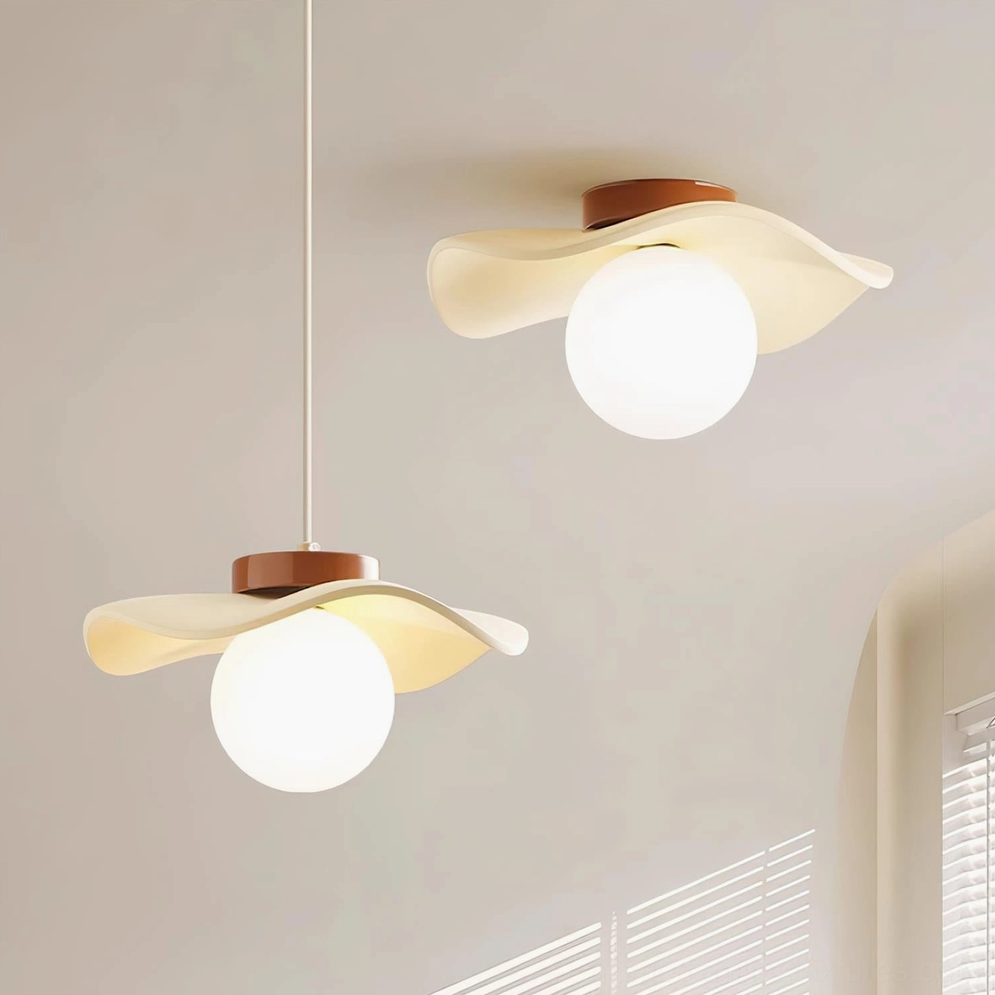 Gand flush mount ceiling light showing material contrast between resin body and frosted glass