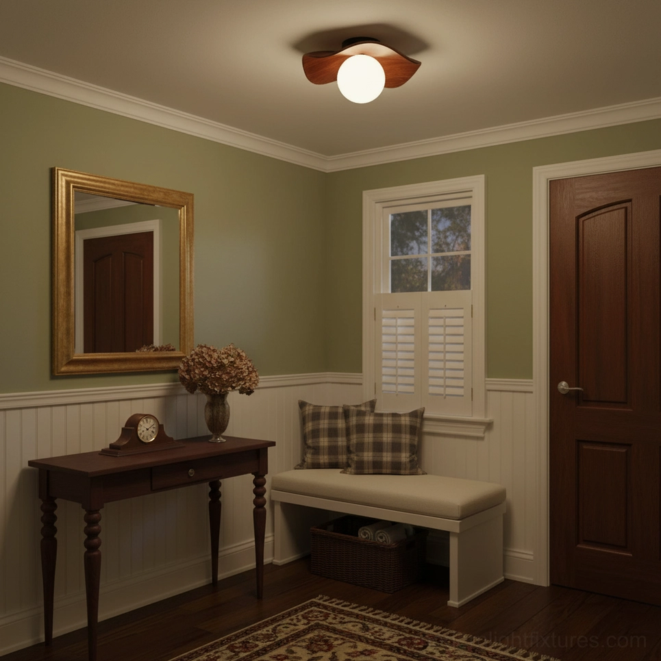 Gand ceiling light fixture mounted as wall sconce beside reading furniture in living room