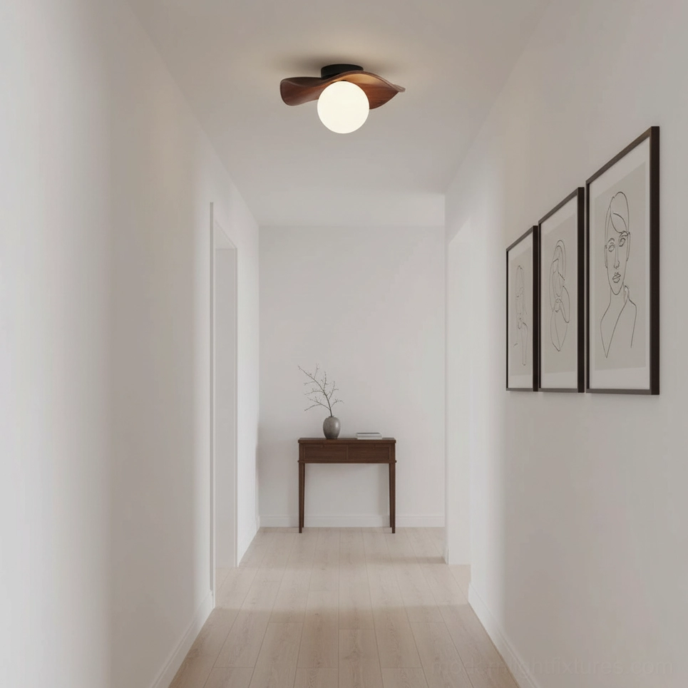 Gand ceiling fixture dark walnut color in minimalist white residential hallway