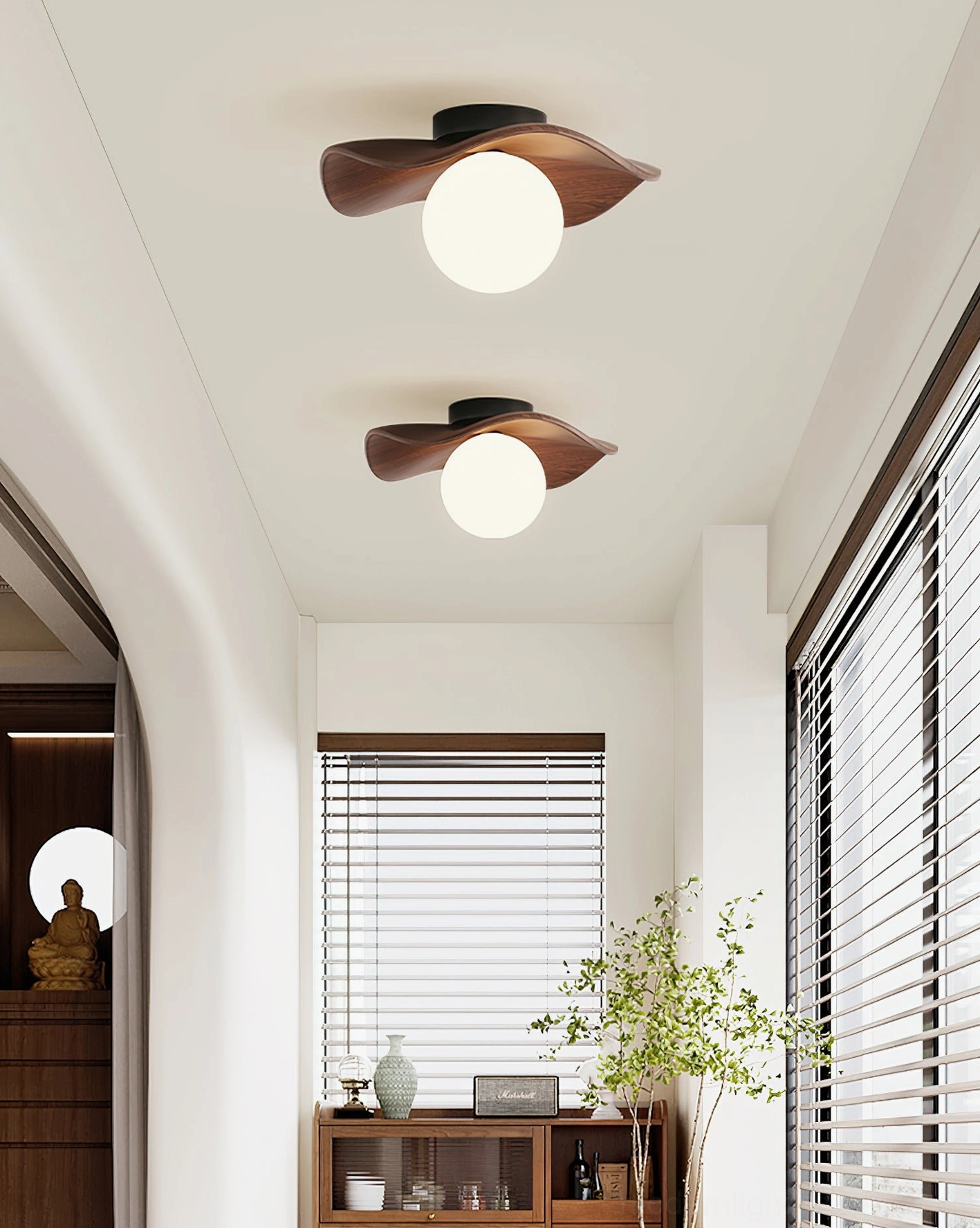 Gand ceiling light fixture installed in residential hallway with dark walnut color variant