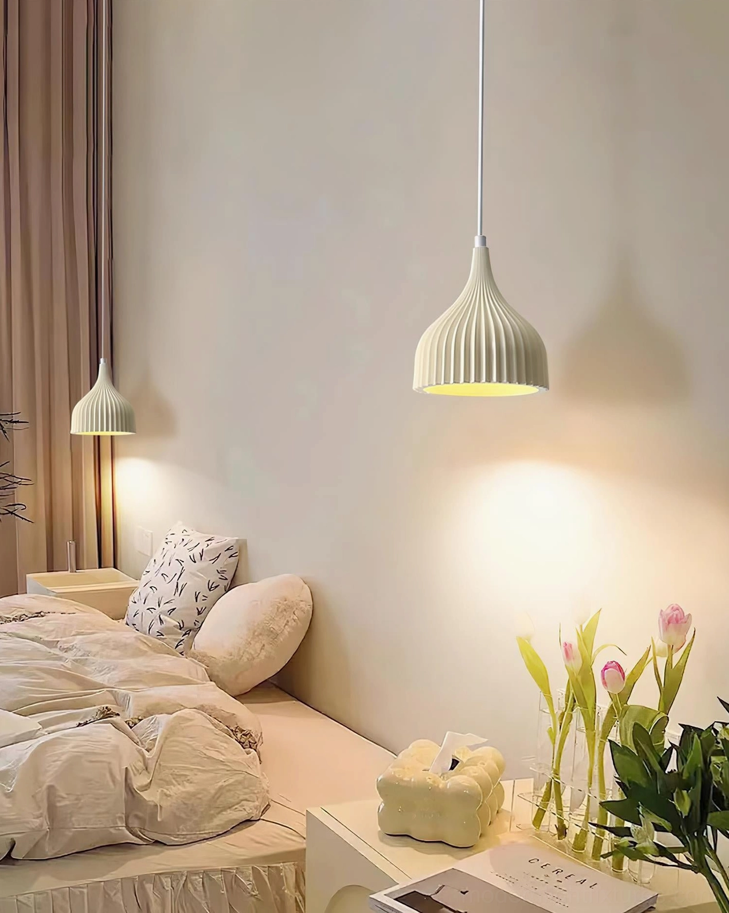 Garay ribbed pendant lights pair master bedroom off-white fluted shades warm decor