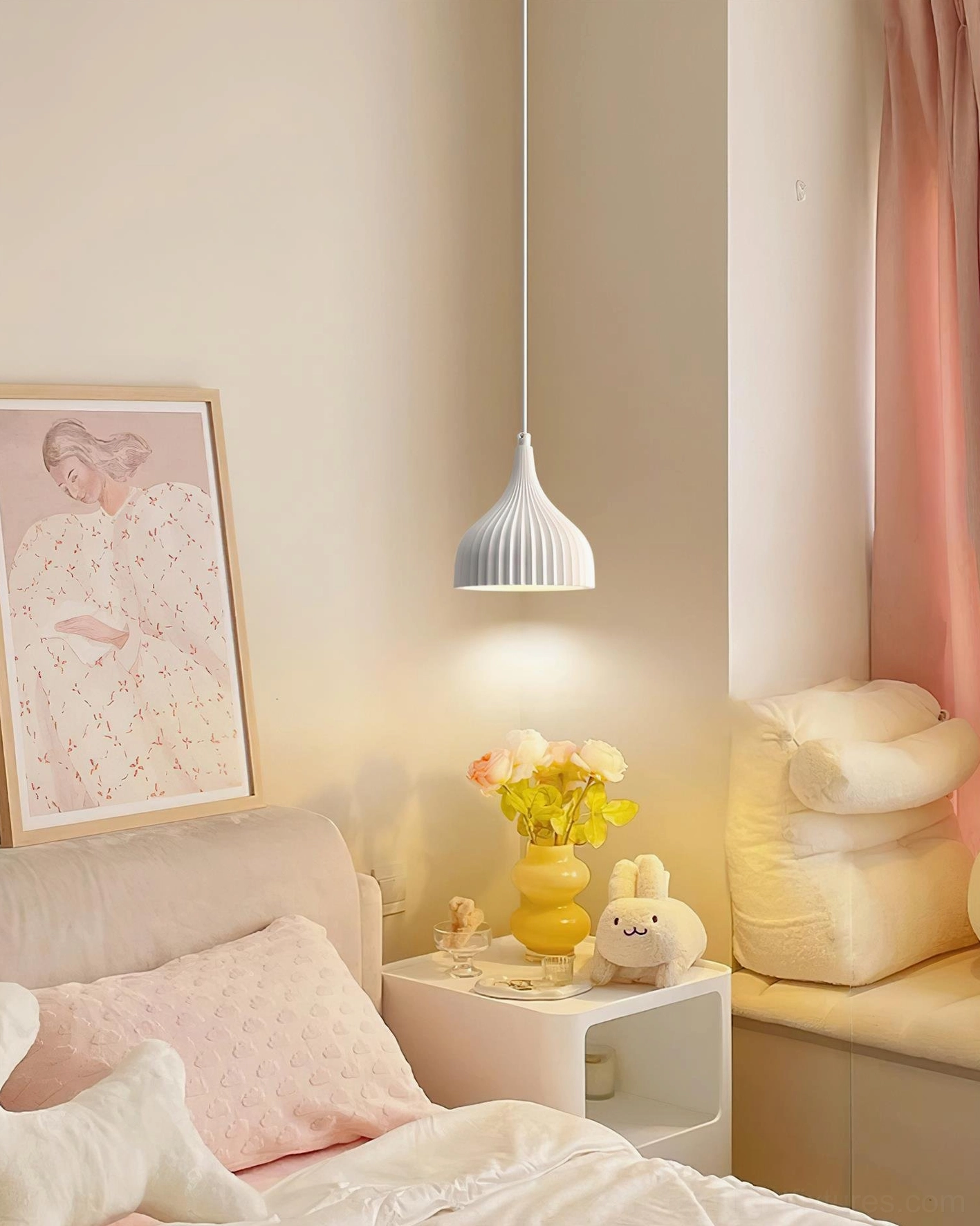 Garay small ribbed pendant light girl's bedroom pastel room white matte vertical stripe shade