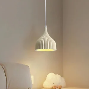 Garay fluted pendant light side angle bedroom warm ambient lighting off-white matte shade
