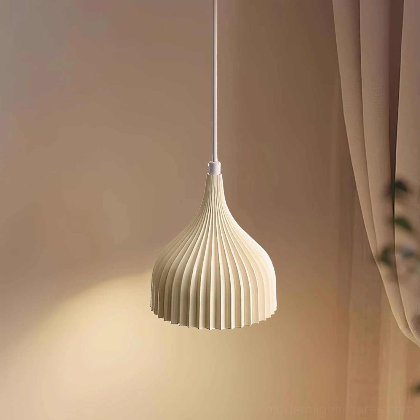Garay vertical ribbed pendant ceiling lamp three-quarter view cream-white matte finish