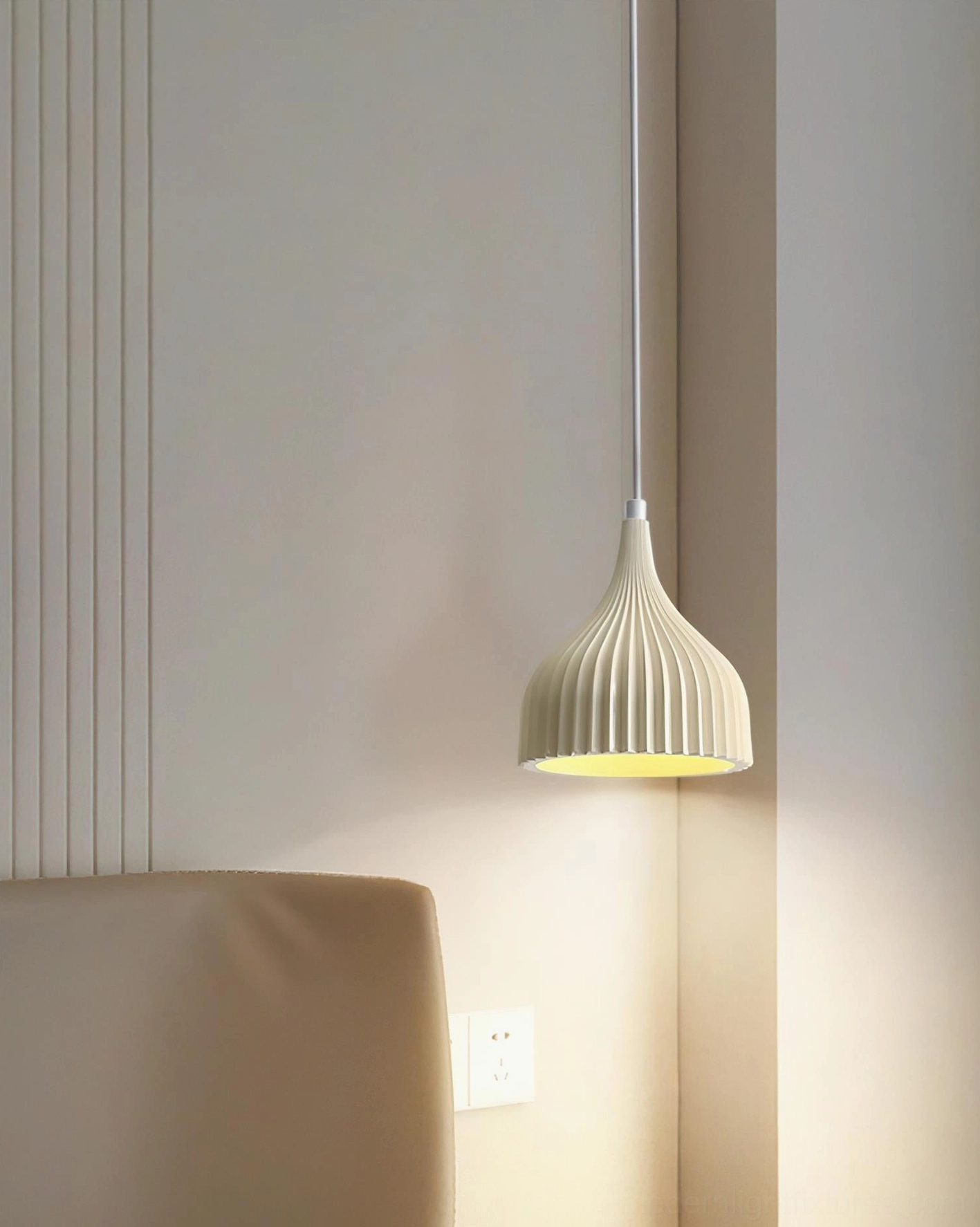 Garay white ribbed pendant lamp low-angle minimalist bedroom corner wall accent lighting