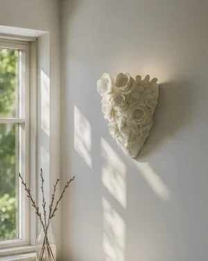 White floral wall lamp mounted on residential wall, side profile with natural daylight