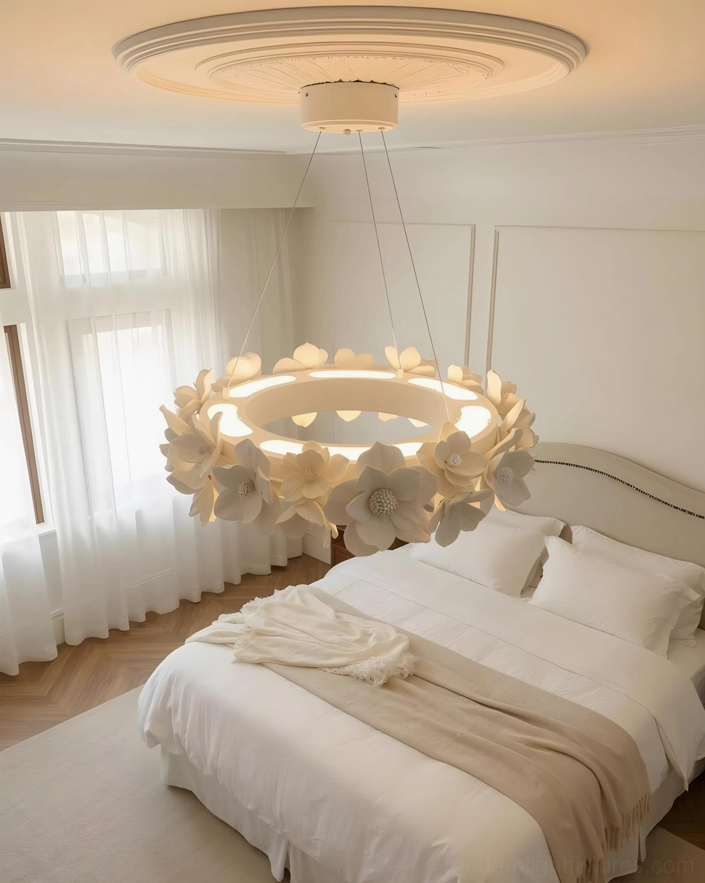 Gardenia Loop Chandelier low angle interior view in modern cozy bedroom with warm glowing LED light and neutral bedding