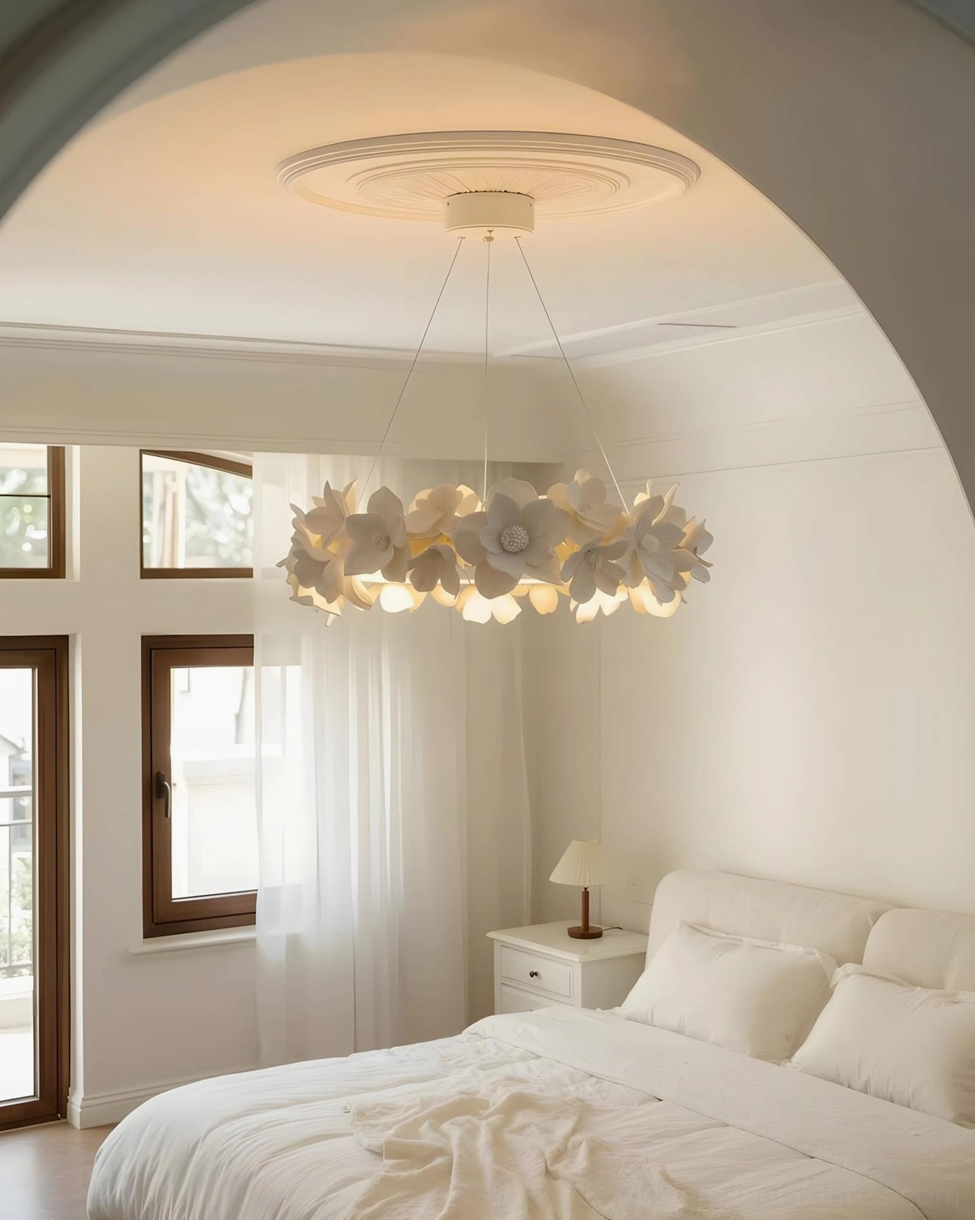 Warm white pendant light fixture illuminating cozy bedroom interior with bed, demonstrating soft lighting for master bedroom spaces