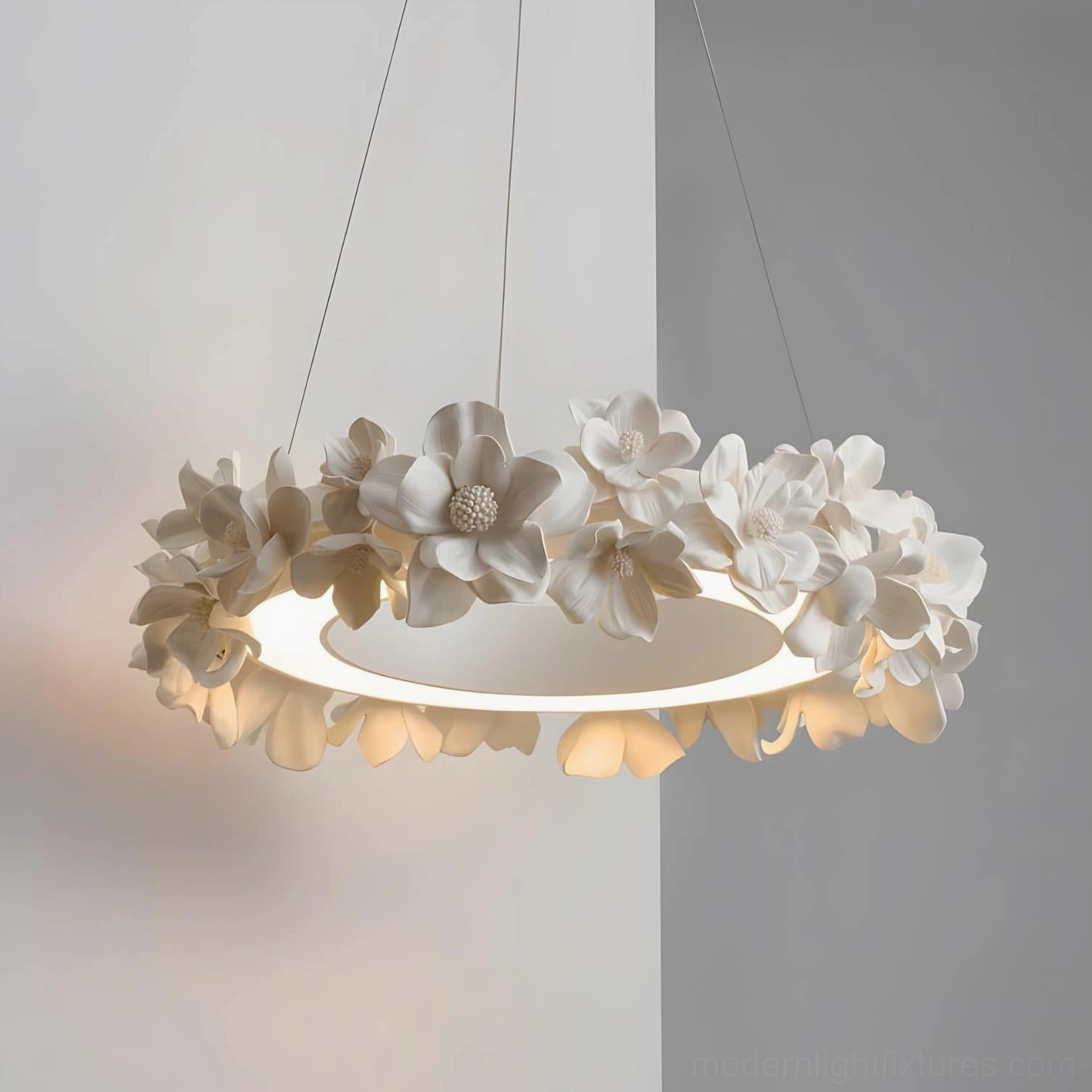 Gardenia Loop Chandelier hardwired LED fixture with biophilic design nature-inspired botanical aesthetic