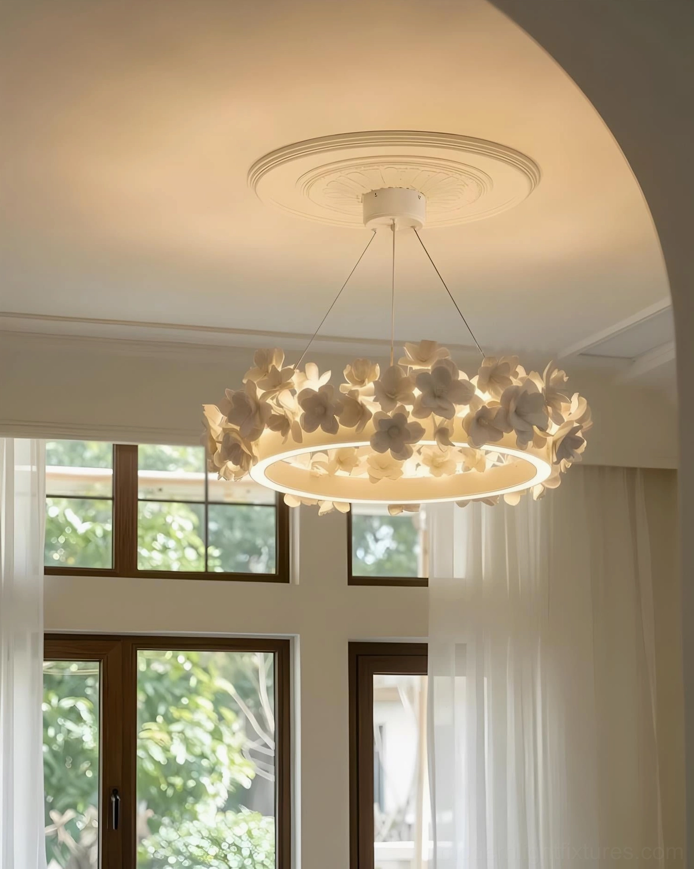 Modern floral chandelier hanging fixture in contemporary interior space with warm 3000K color temperature ambiance