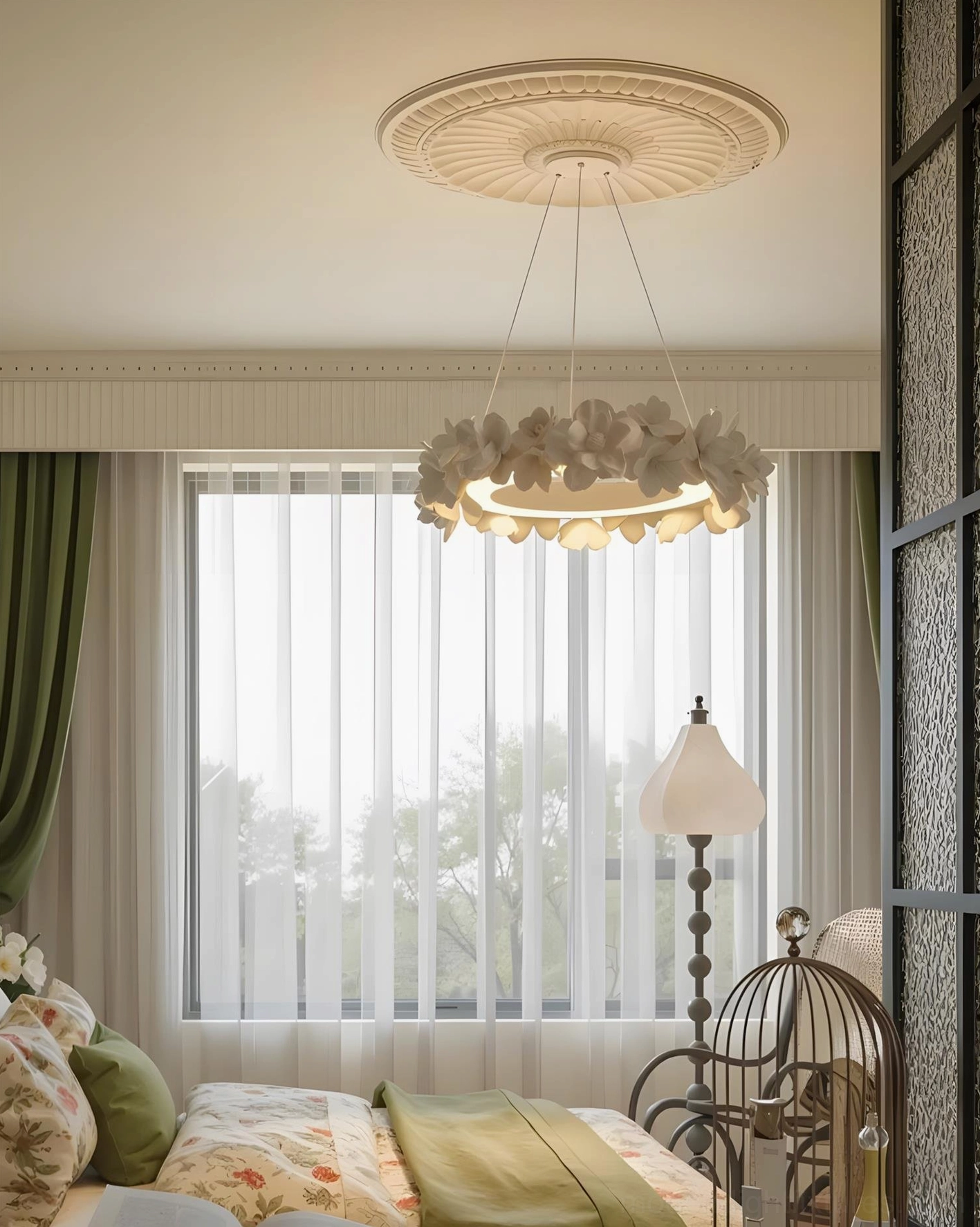 Handcrafted white gardenia loop pendant light with creamy floral petals and integrated warm LED ring detail shot