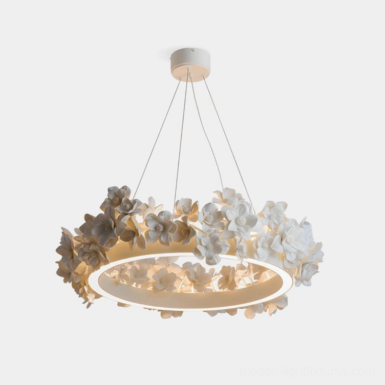 Gardenia Loop Chandelier front view showcasing handcrafted white floral petals and integrated LED ring on pure white background
