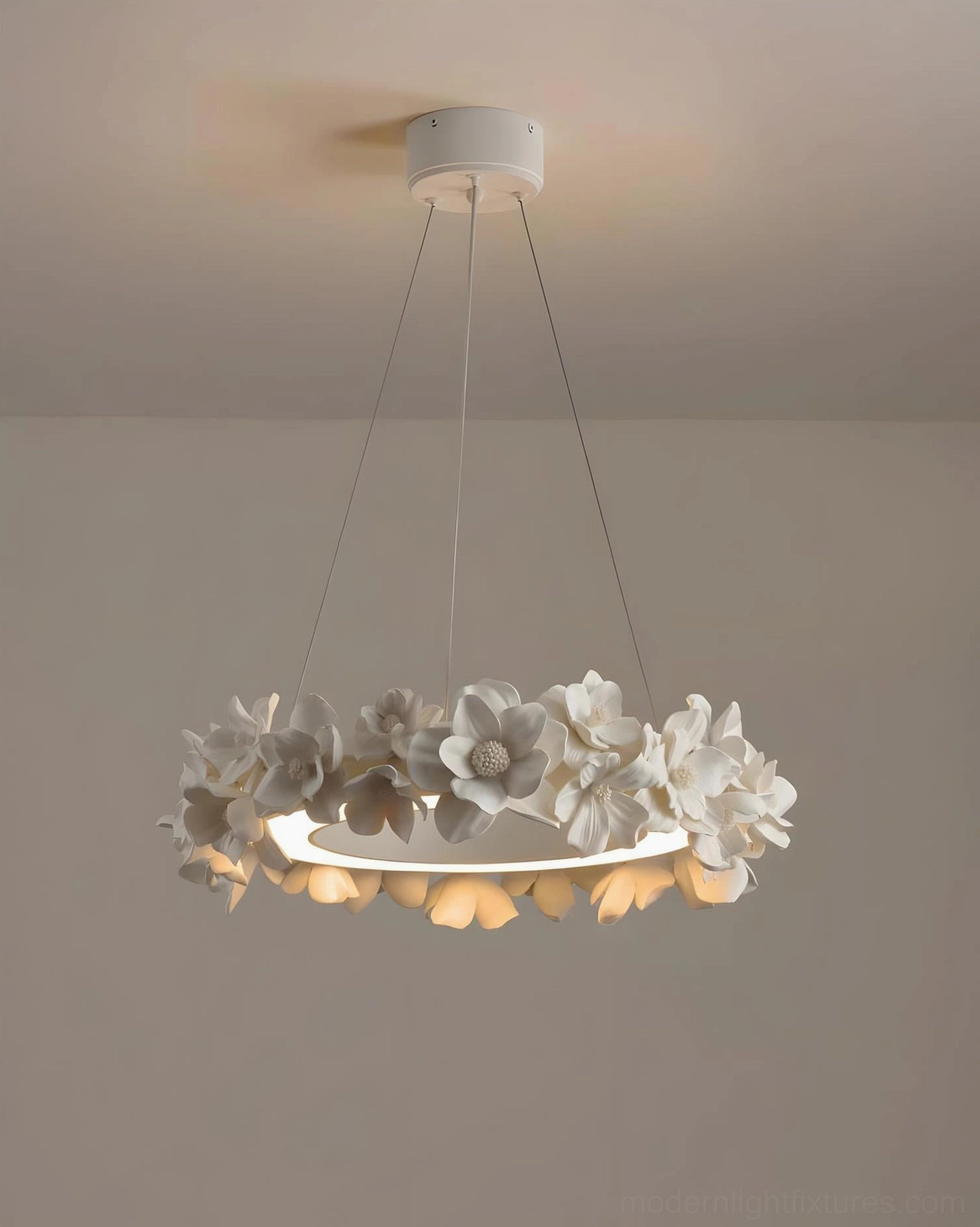 Handcrafted gardenia petal chandelier with 3000K warm white integrated LED in mid-century modern home interior