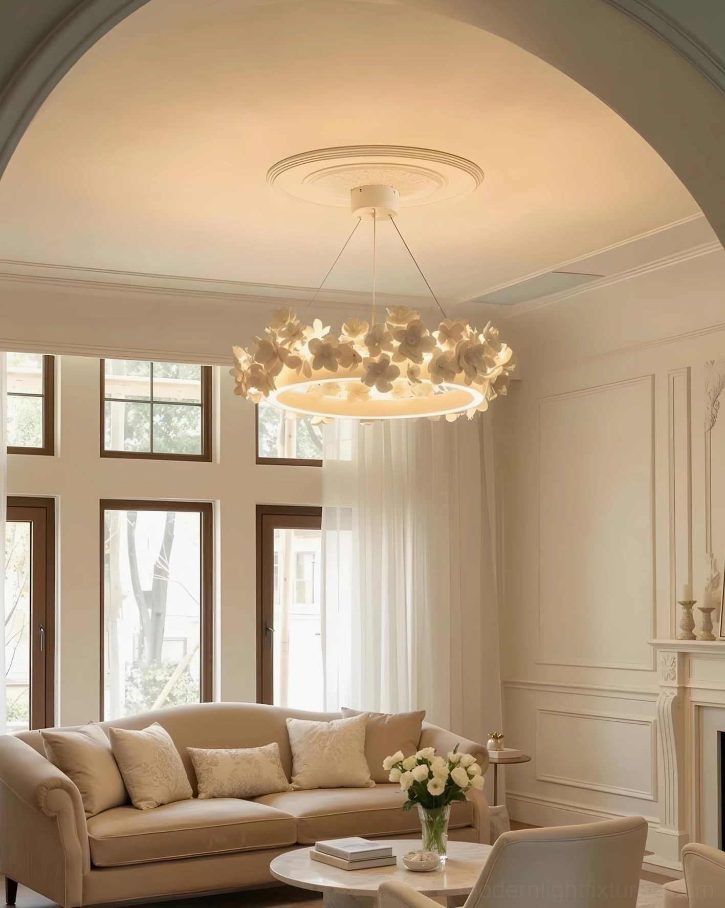 Gardenia Loop Chandelier suspended from thin wires in minimalist modern living environment with botanical design aesthetic