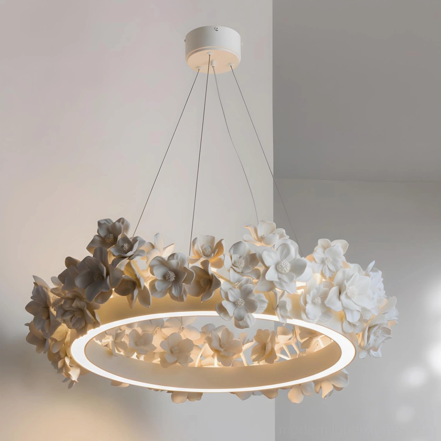Model A Gardenia Loop Chandelier 85cm grand size foyer entry light with handcrafted white floral petals