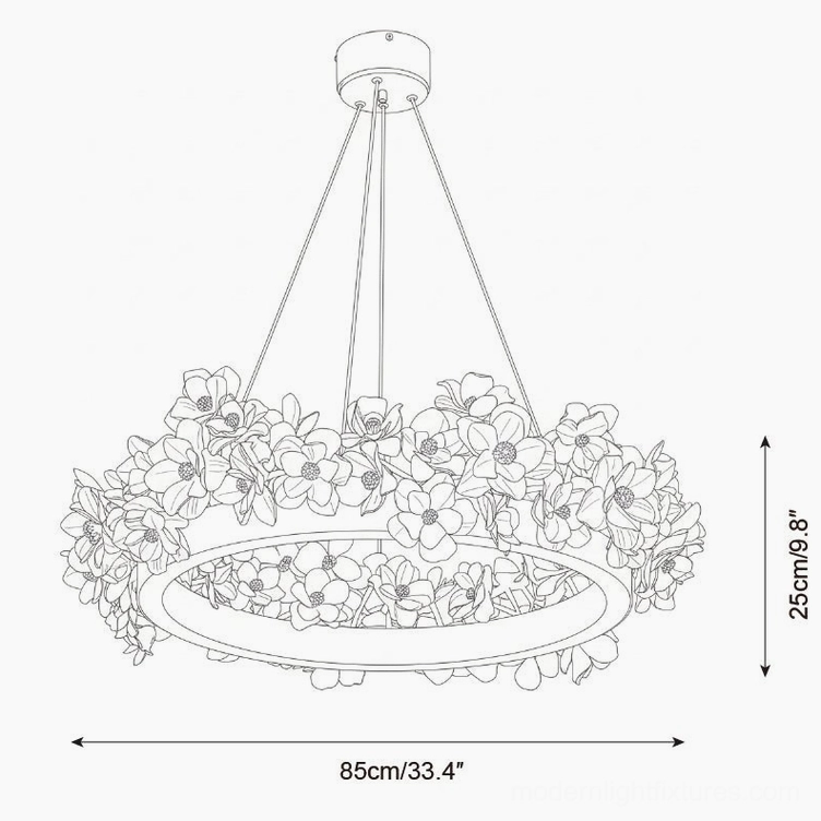 Technical orthographic line drawing of Model A Gardenia Loop Chandelier with dimensions 85cm diameter and 25cm height