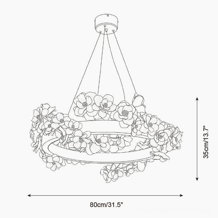 Technical orthographic line drawing of Model C Gardenia Loop Chandelier showing 80cm diameter and 35cm height with asymmetric floral details