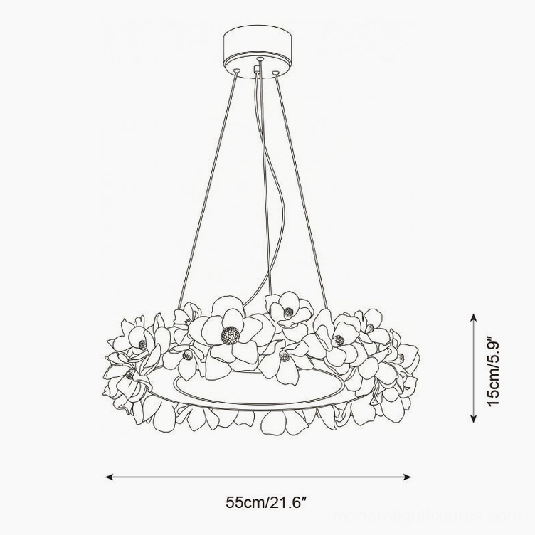 Technical orthographic line drawing of Model D Gardenia Loop Chandelier compact size 55cm diameter and 15cm height
