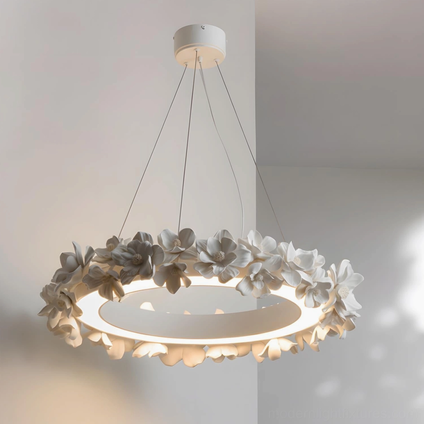 Model E Gardenia Loop Chandelier 70cm size versatile mid-size pendant light in standard bedroom installation