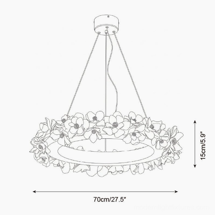 Technical orthographic line drawing of Model E Gardenia Loop Chandelier medium size 70cm diameter and 15cm height