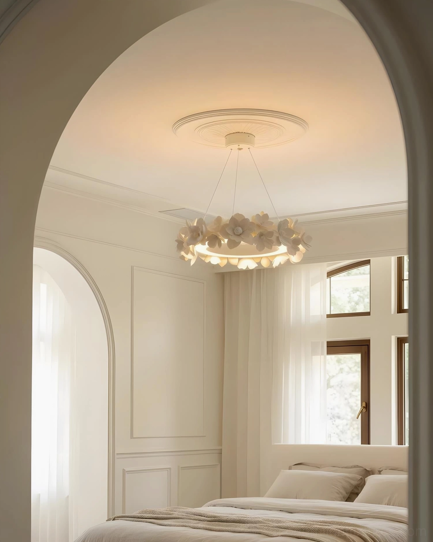 White floral loop chandelier with handcrafted petals and glowing LED element in neutral color palette contemporary home
