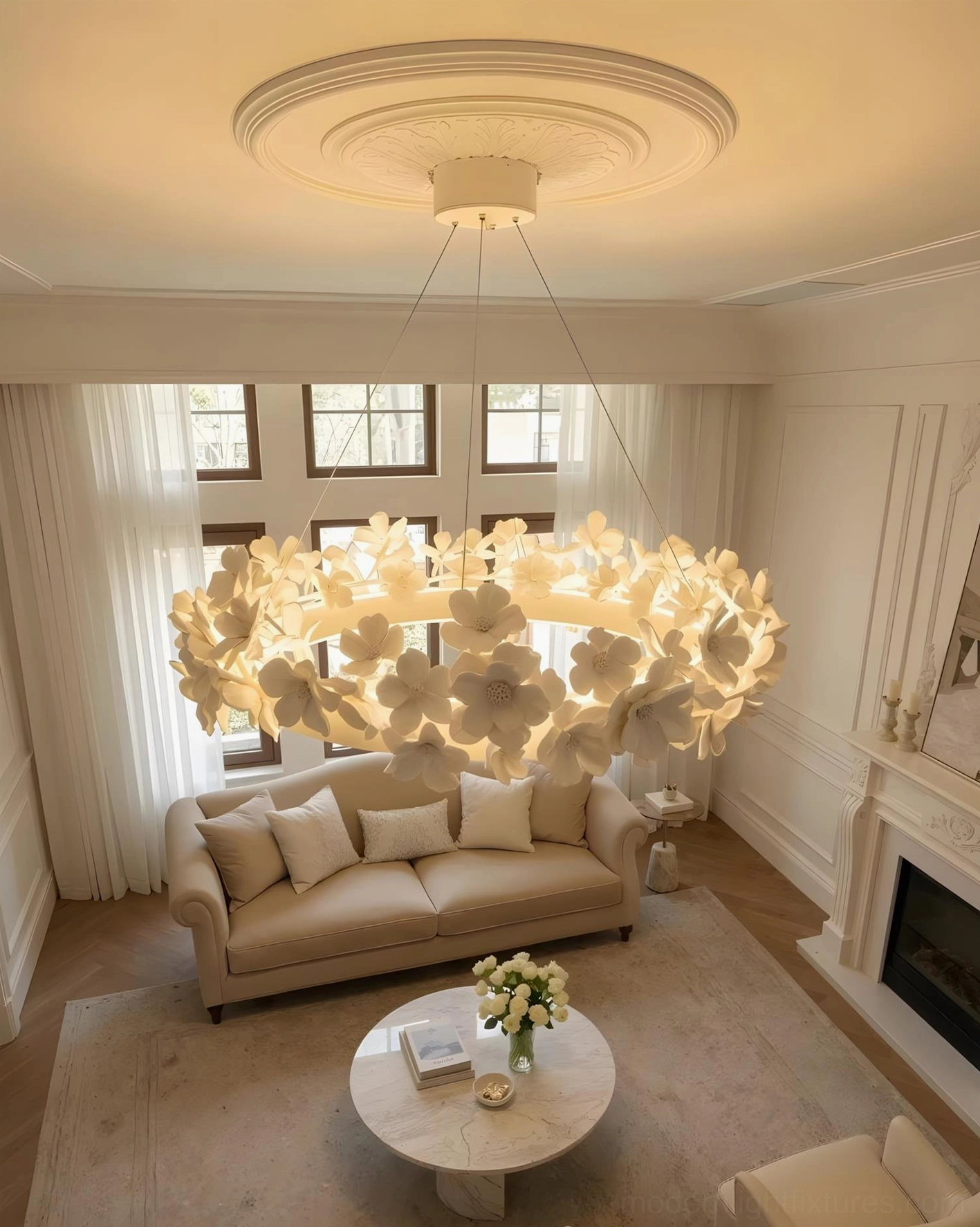 Gardenia Loop Chandelier 50000 hour lifespan LED fixture in scandinavian inspired interior design space