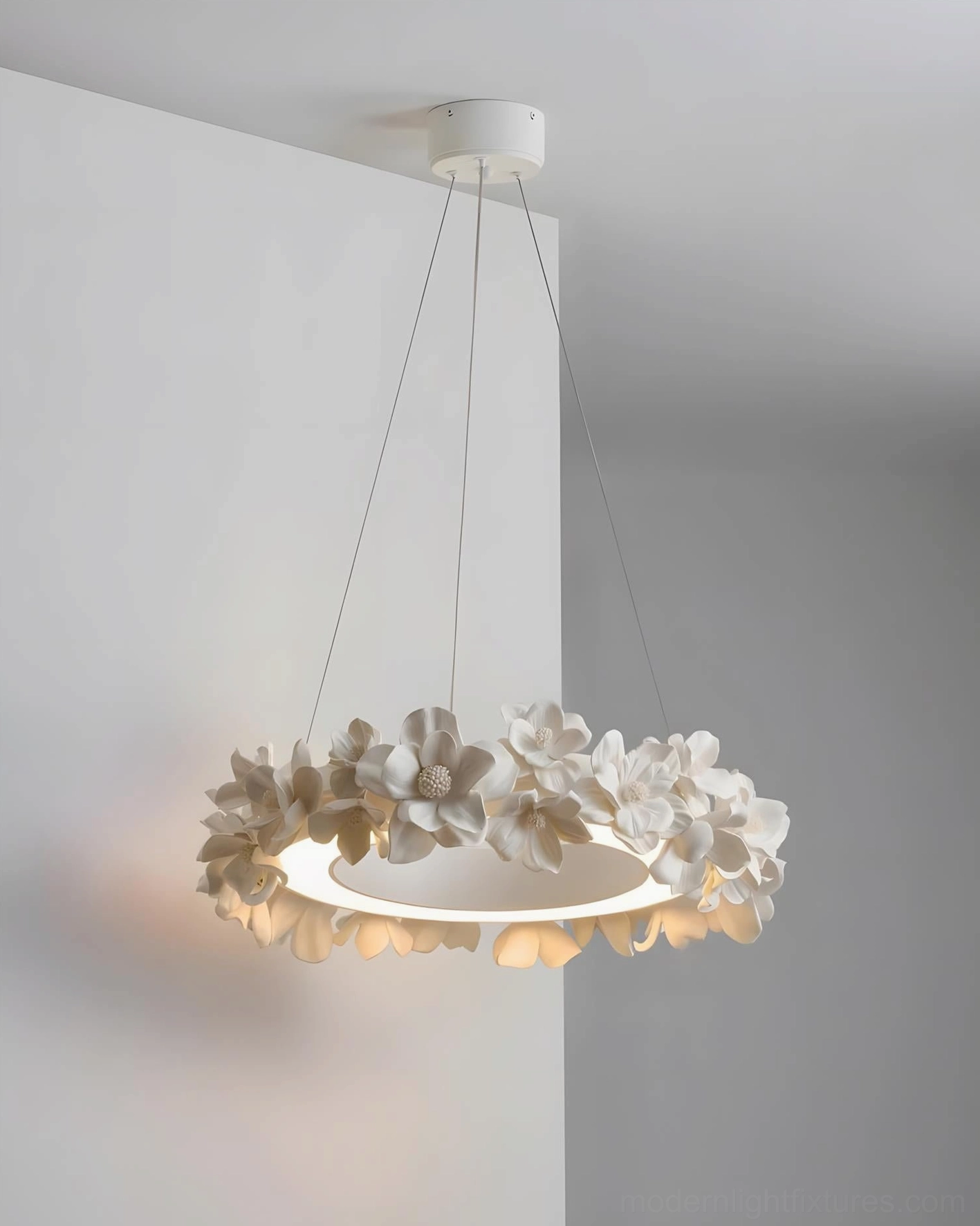 White gardenia loop modern floral pendant light with sloped ceiling compatible installation capability