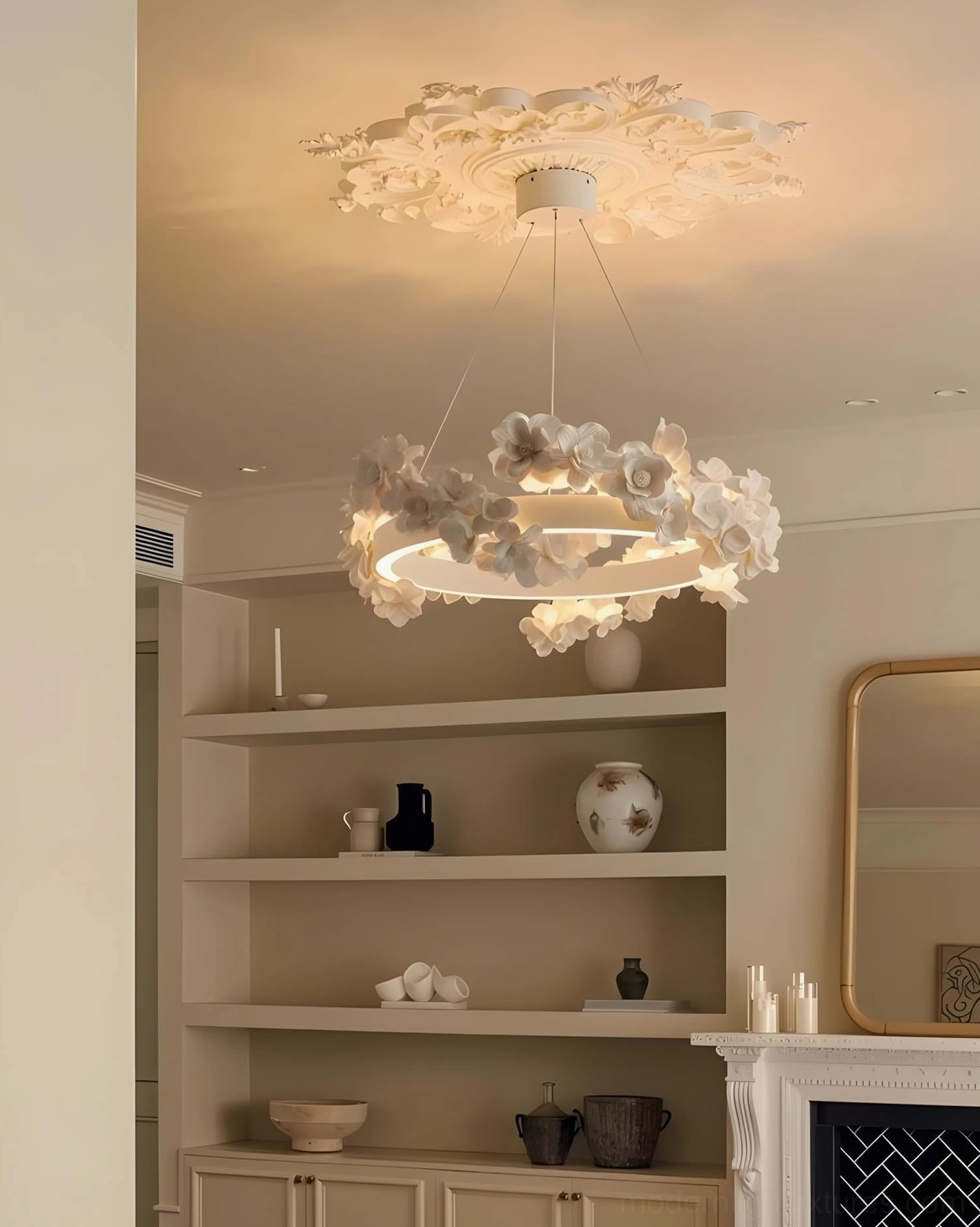 Modern LED pendant chandelier with organic gardenia-inspired form in transitional interior design setting
