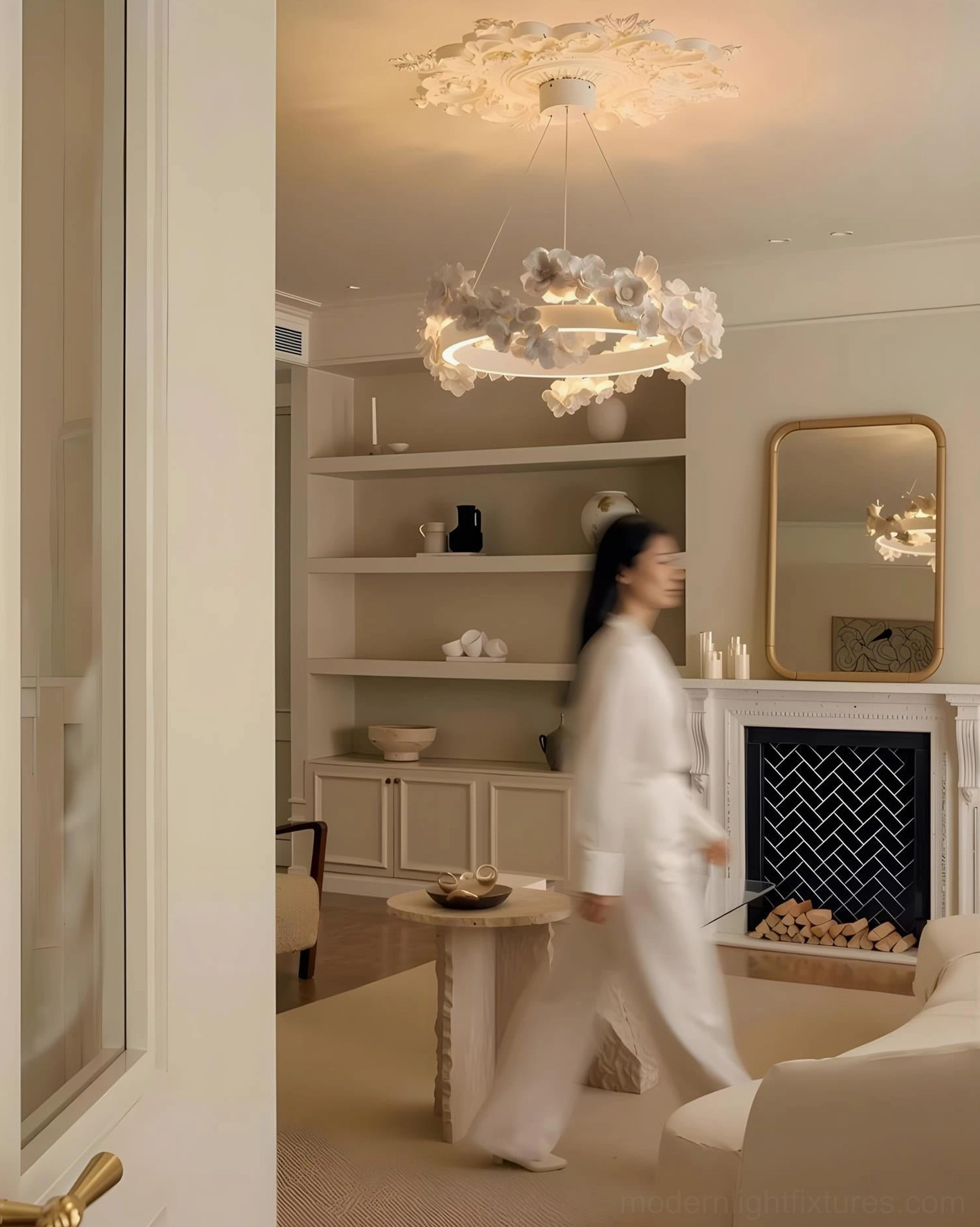 Gardenia Loop Chandelier artistic suspension detail showing thin wires and ethereal weightless design quality