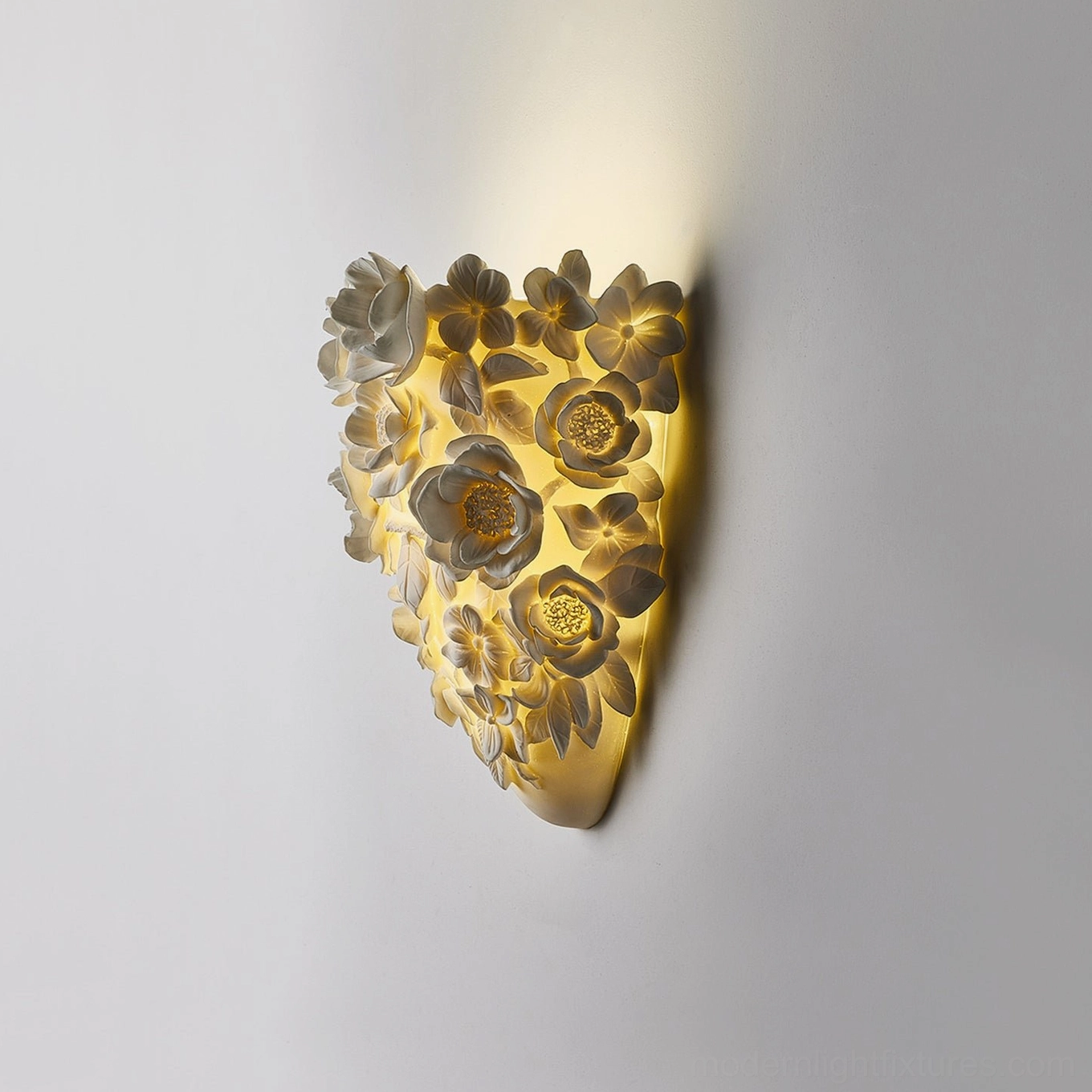 Sculptural gardenia porcelain wall sconce product showcase, floral relief design detail