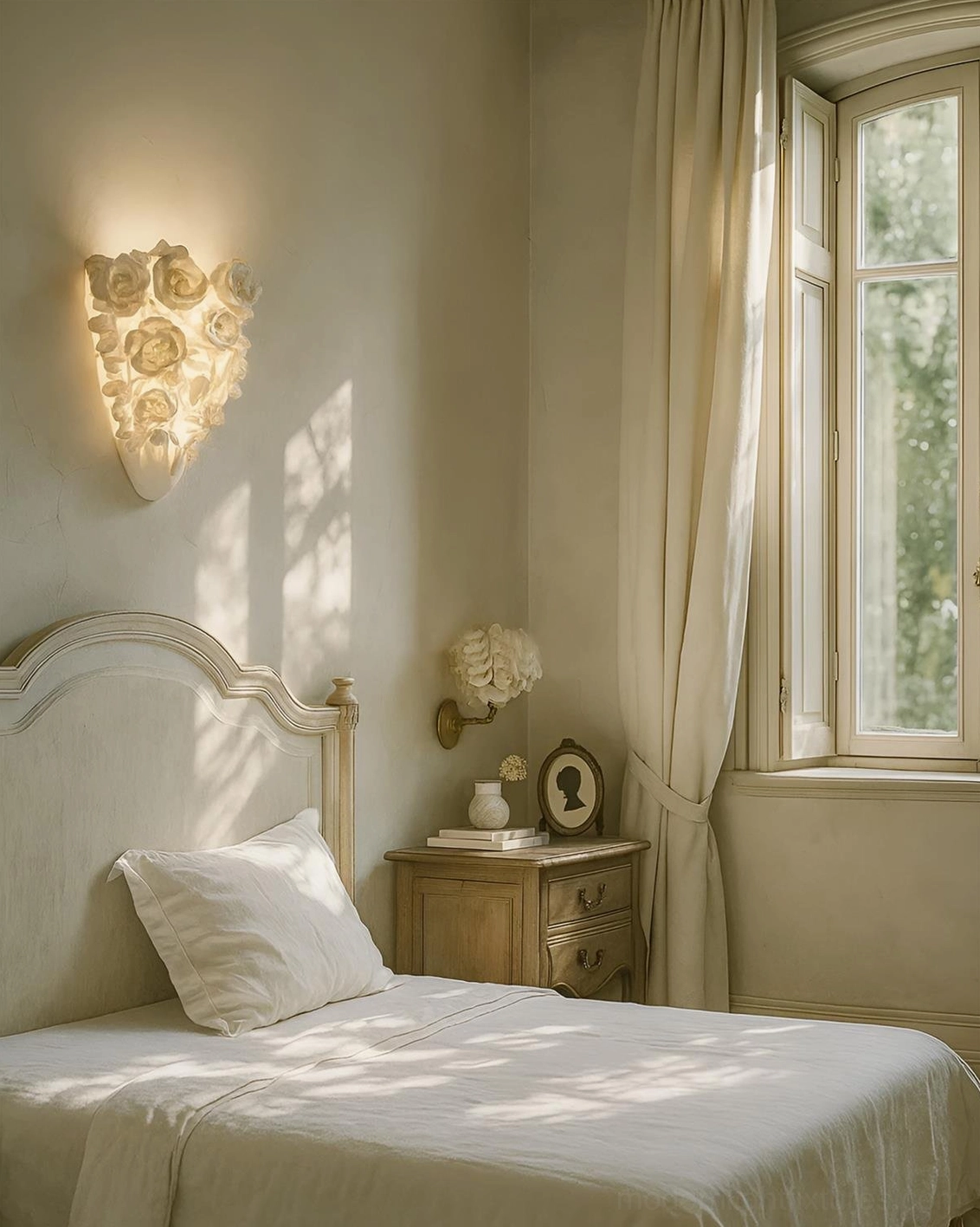 Gardenia wall sconce mounted above bedroom nightstand, warm ambient light in modern bedroom