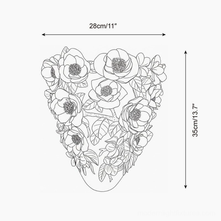 Gardenia porcelain floral wall sconce technical dimensions drawing, 28cm width by 35cm height