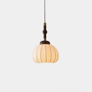 Gaya Silk Pendant Lamp close-up front view showing dark wood top fixture and off-white ribbed lantern shade with metal framework