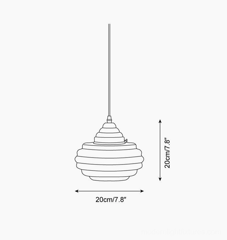 Gelato ribbed glass pendant light technical orthographic drawing showing dimensions 20cm diameter by 7.8 inches height specifications
