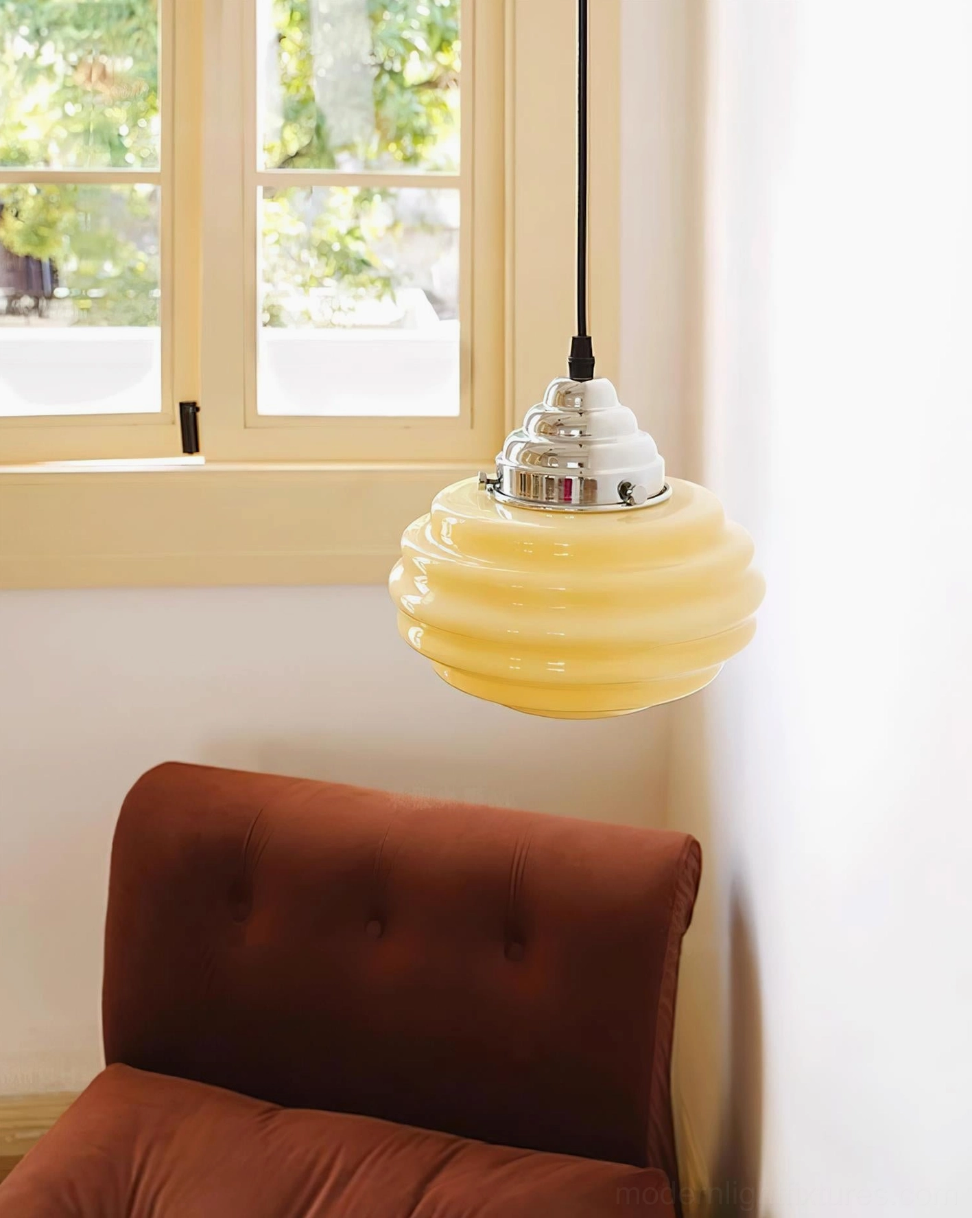 Gelato pendant light in cozy living room setting, left side low-angle shot displaying compact size and vintage-inspired aesthetic