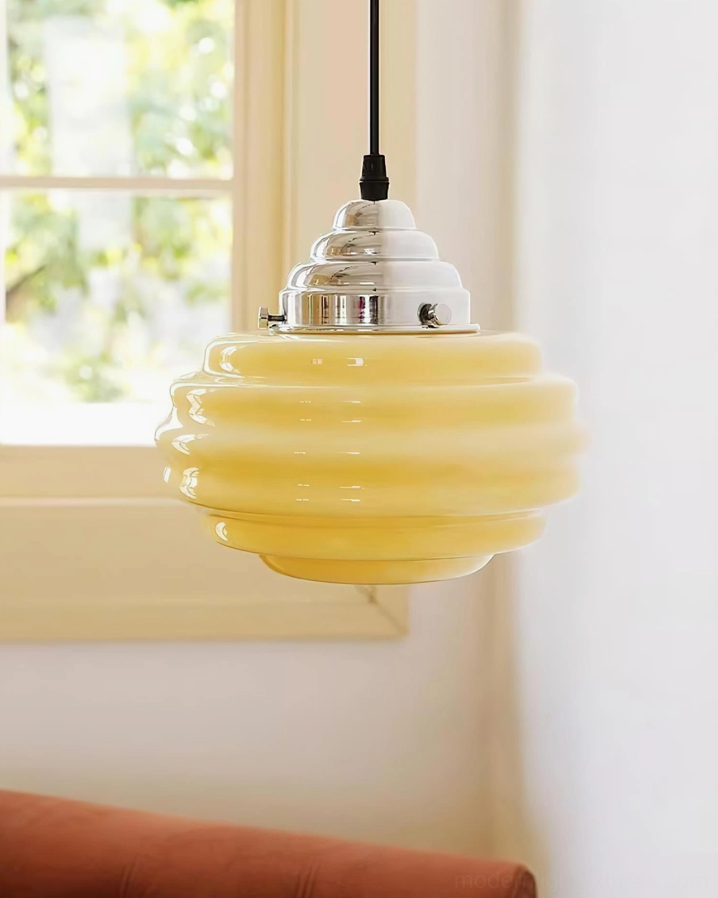 Yellow ribbed spherical gelato pendant lamp, right side low-angle perspective highlighting glossy milky glass shade and retro hardware details