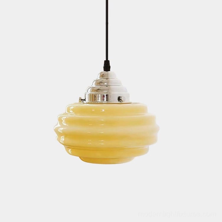 Gelato yellow ribbed glass pendant light with chrome fixture, front low-angle studio view showcasing retro soft-serve design