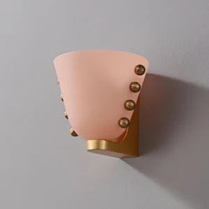 Gemma wall sconce in pink and mint green frosted glass, flat frontal view showing matching brass base design